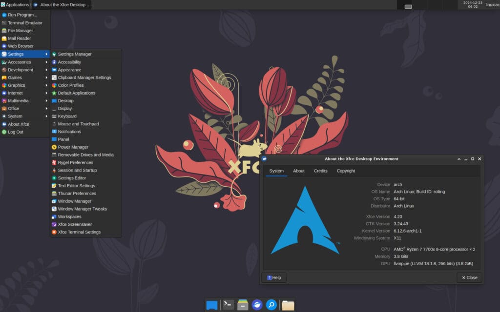 Arch Linux running Xfce 4.20 desktop environment.