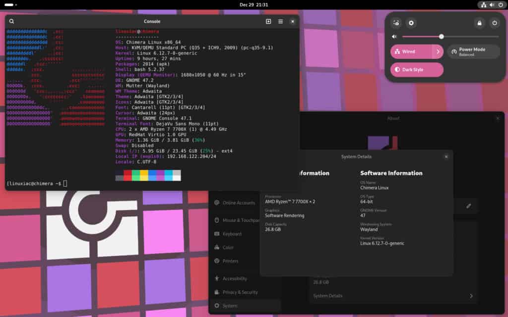 Chimera Linux running GNOME.