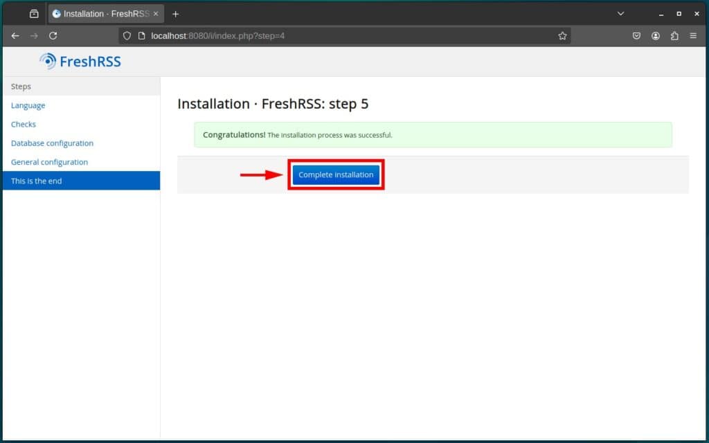 Complete the FreshRSS installation.