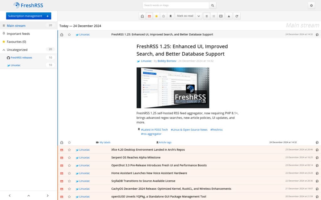 FreshRSS 1.25 self-hosted RSS feed aggregator