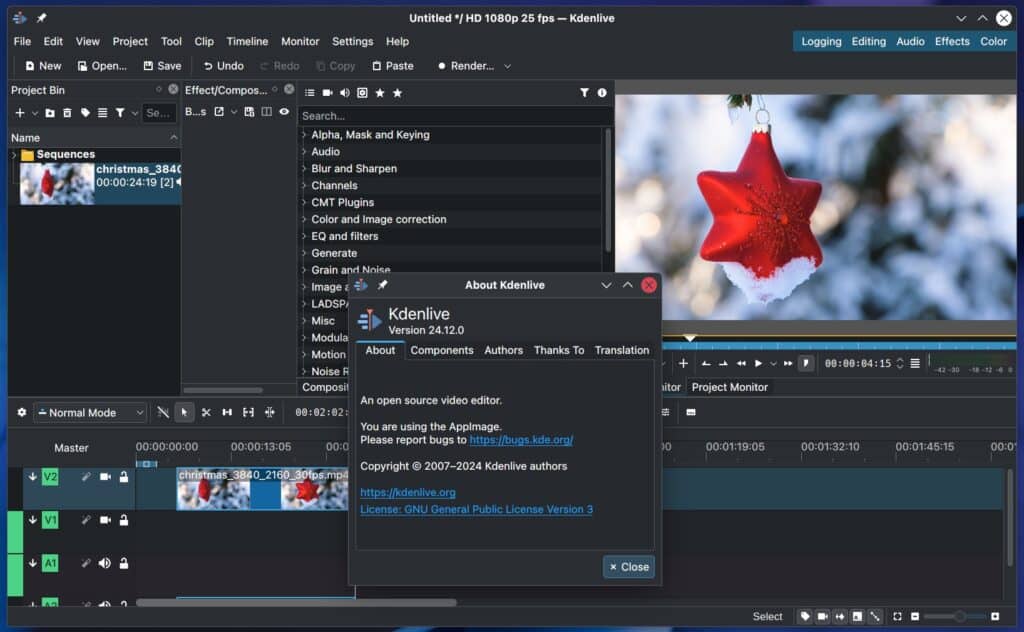 Kdenlive 24.12 free & open-source video editor.