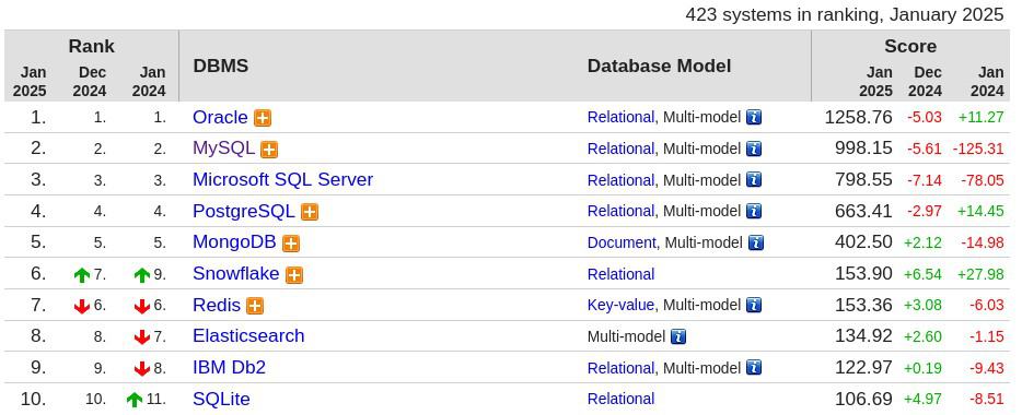 Top 10 most popular databases in 2024.