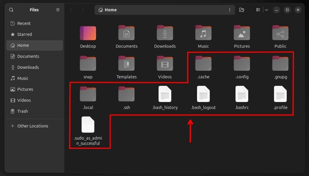 The file manager shows all hidden files and directories.