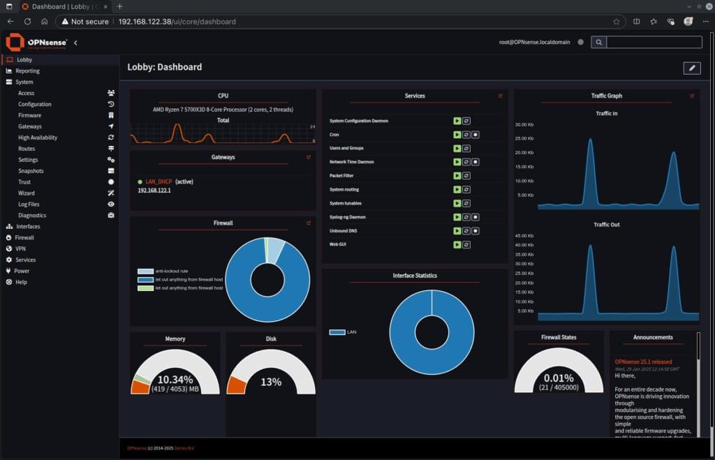 OPNsense 25.1 open-source firewall default dark theme.