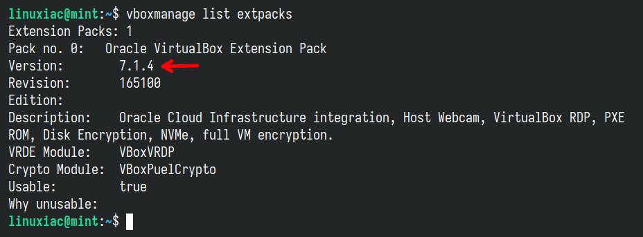Verify the installed VirtualBox Extension Pack version.