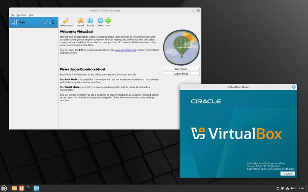 VirtualBox is installed and runs on Linux Mint 22.