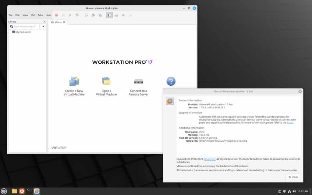 VMware Workstation Pro is successfully installed and running on Linux Mint 22.