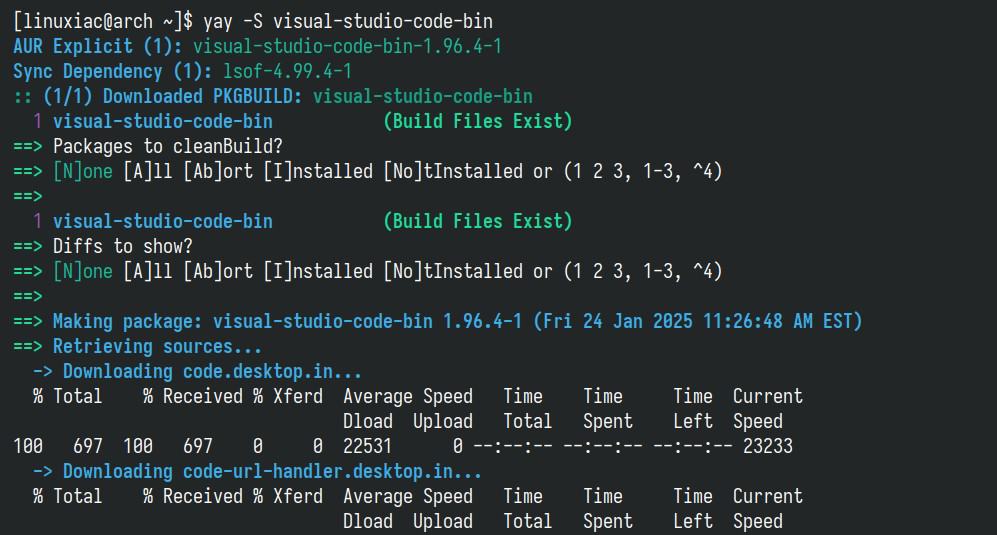 Installing Microsoft Visual Studio Code on Arch Linux.