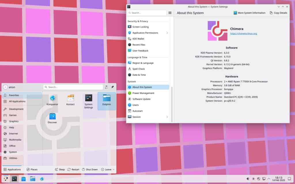 Chimera Linux with KDE Plasma 6.3 desktop.