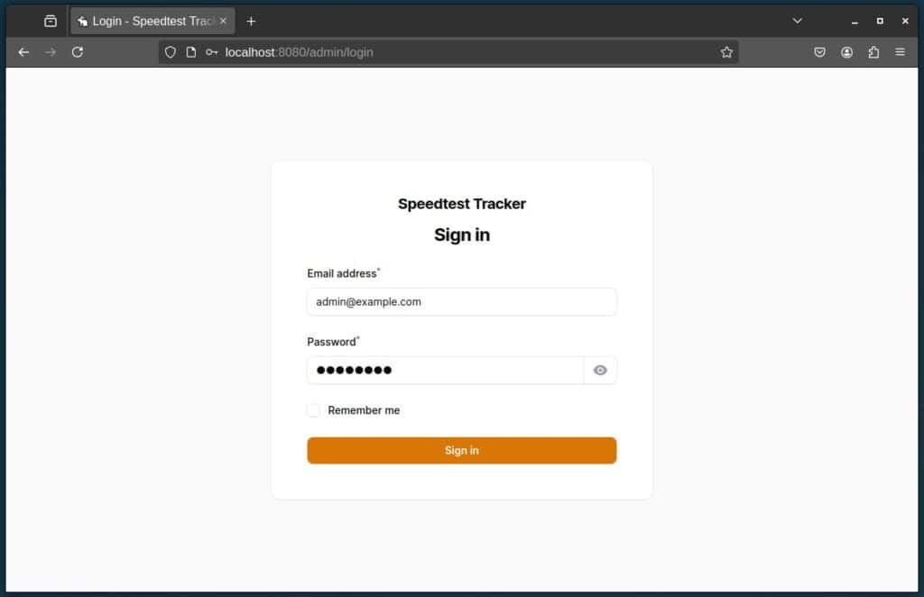 Initial login to Speedtest Tracker with the default username and password.