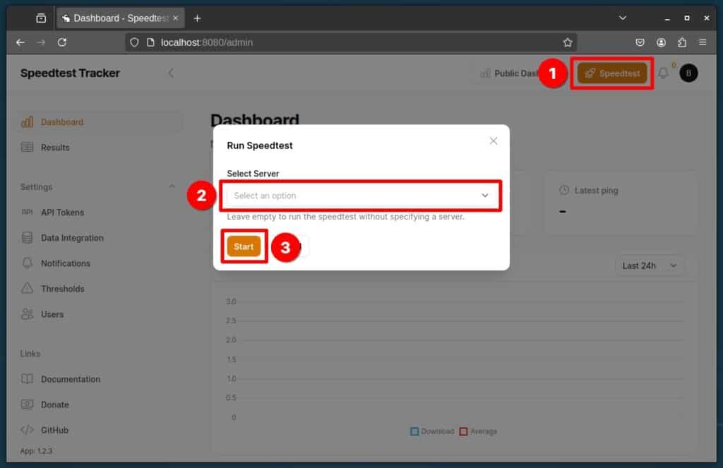 Manually start an internet speed test in Speedtest Tracker.