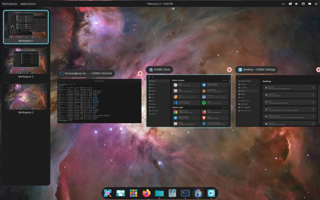 Switching between workspaces in the COSMIC desktop environment.