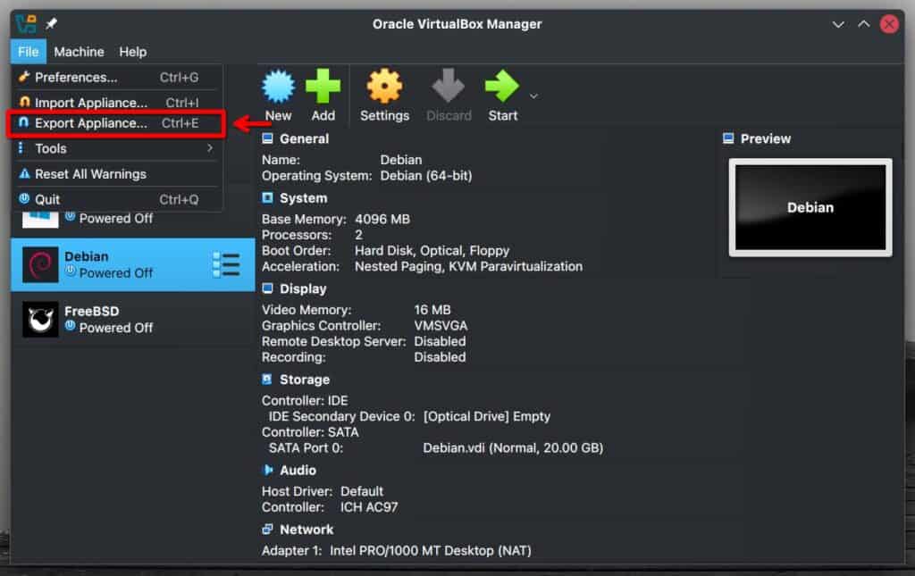 Exporting VirtualBox's VM.