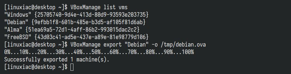 Exporting a VirtualBox VM from the command line.