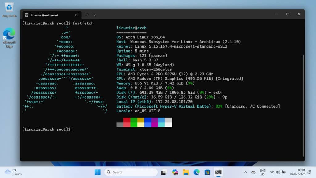 Arch Linux running on Microsoft's WSL2.