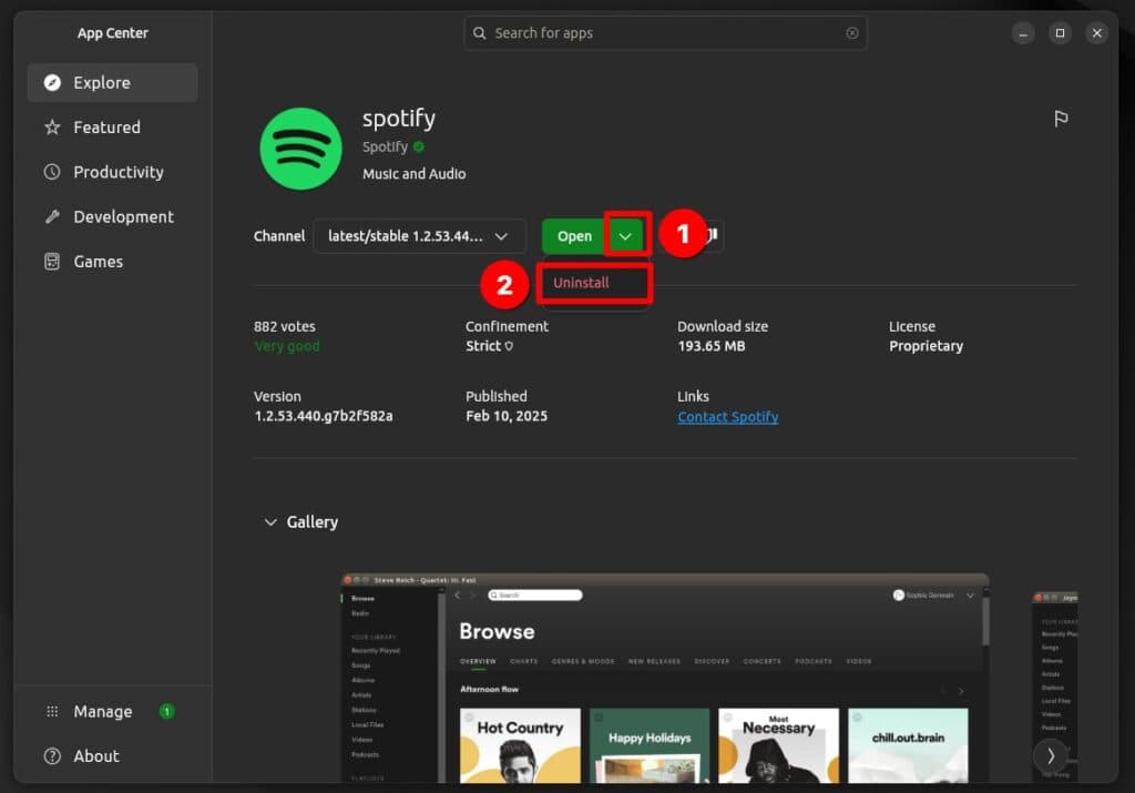 Uninstalling Spotify on Ubuntu 24.04 LTS.