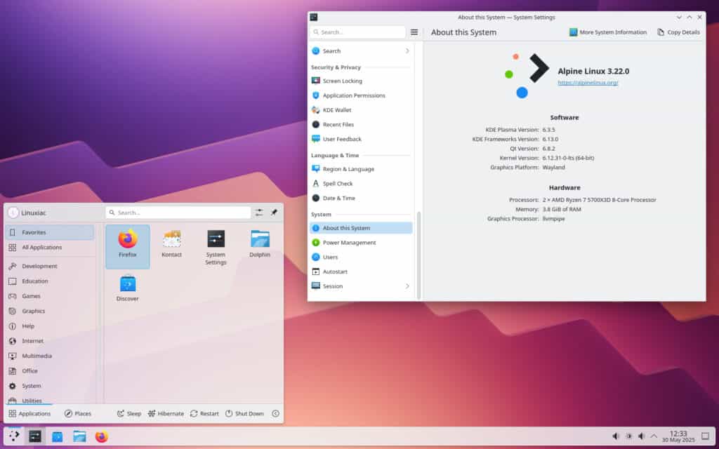 Alpine Linux 3.22 runs the latest Plasma 6.3.5 (Wayland-only) desktop environment.