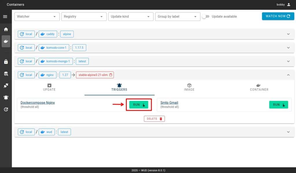 Launching triggers from the WUD dashboard.