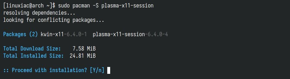 Installing plasma-x11-session package on Arch Linux
