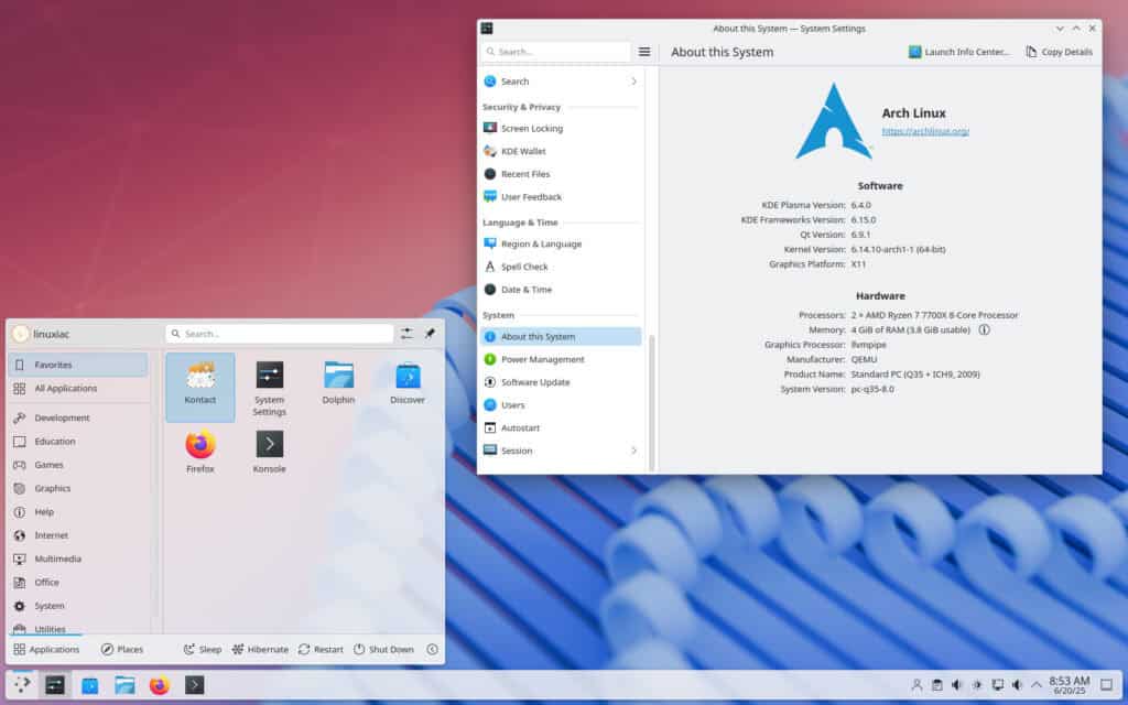 Arch Linux running Plasma 6.4 desktop (X11 session)