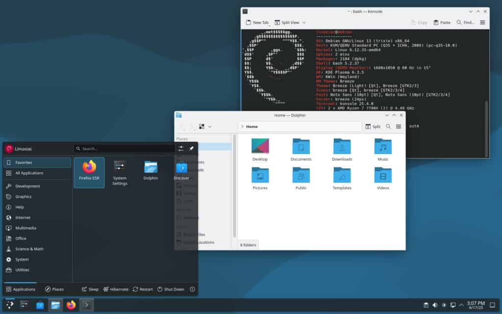 Debian 13 Testing with Plasma 6.3.5 desktop environment.