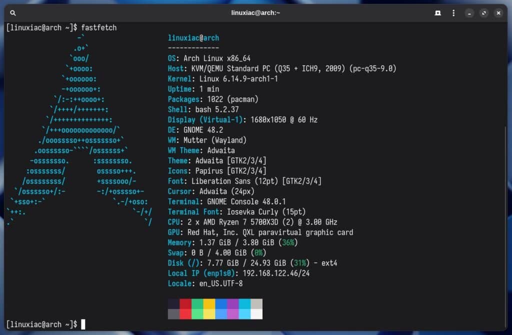 Fastfetch 2.45 system information tool.