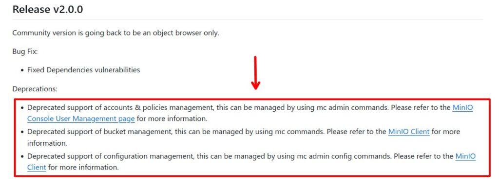 MinIO deprecations in the new version.