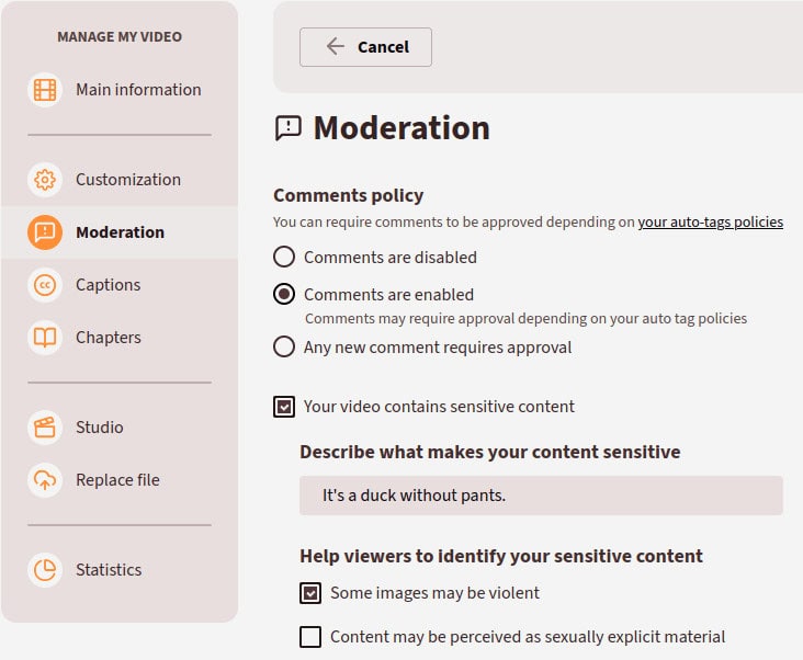 PeerTube privacy settings