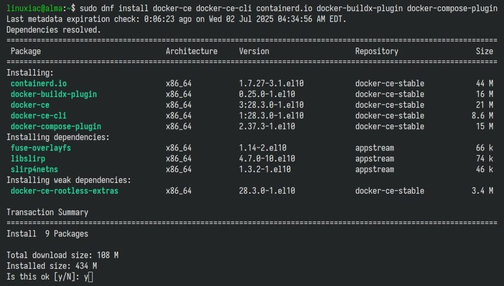 在 AlmaLinux 10 上安装 Docker。