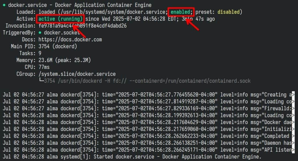 Docker 服务已启用并正在运行。