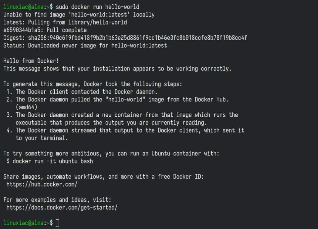 Docker 已成功安装并在 AlmaLinux 10 上启动并运行。