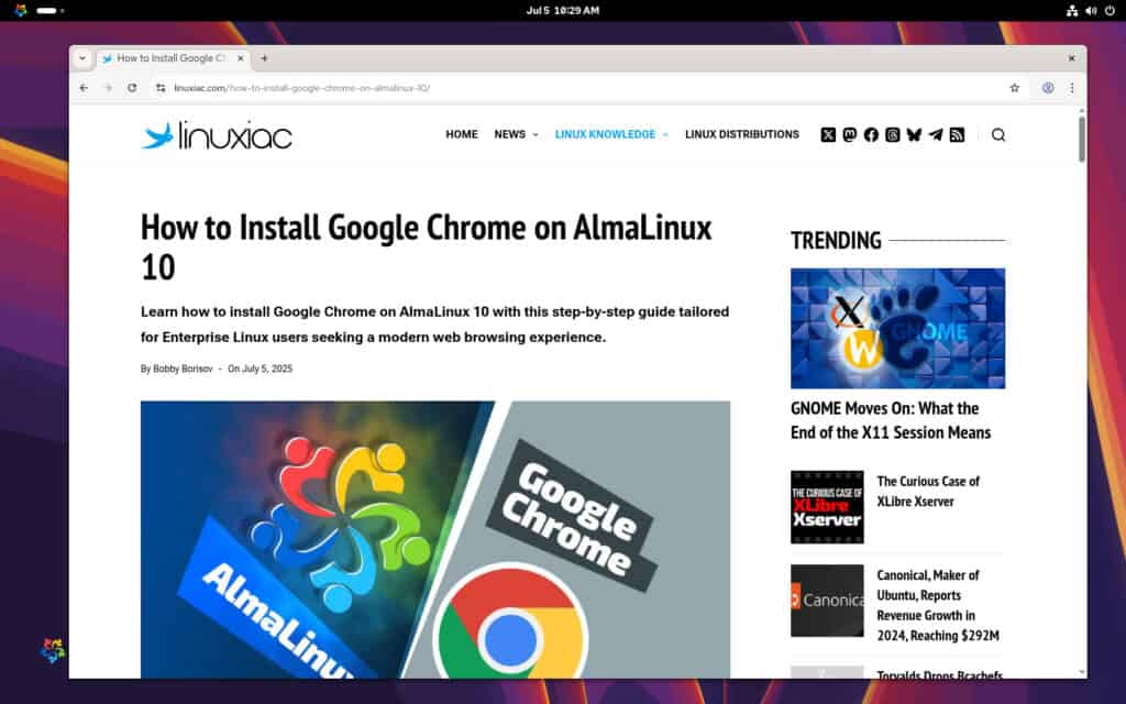 Google Chrome web browser successfully installed on AlmaLinux 10.