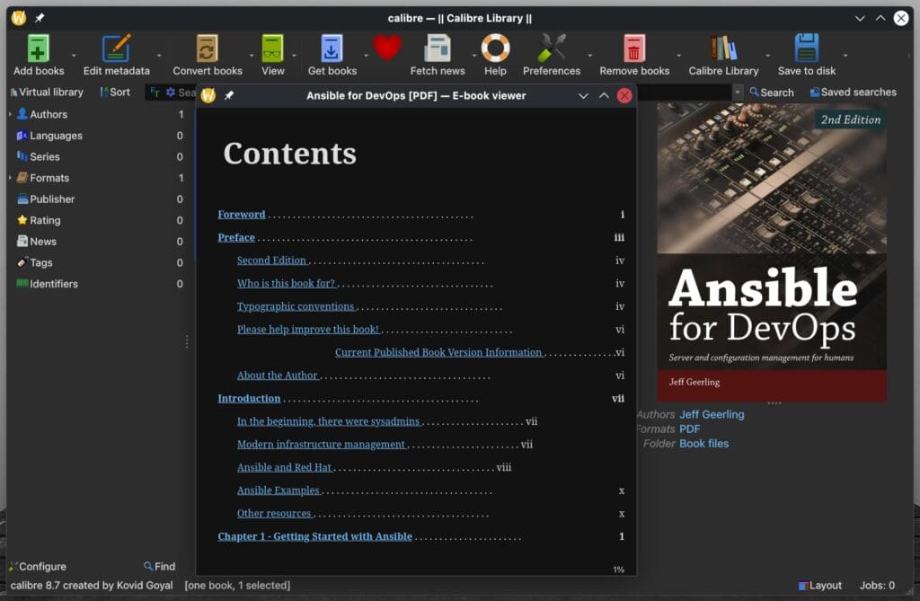 Calibre 8.8 e-book manager.