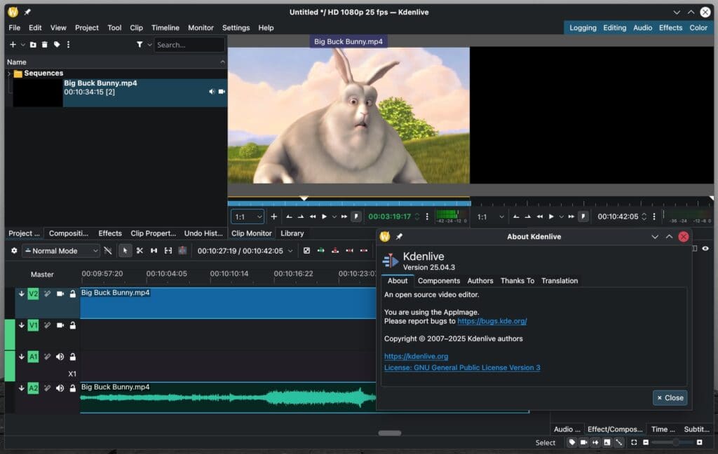 Kdenlive 25.04.3 free & open-source video editor.