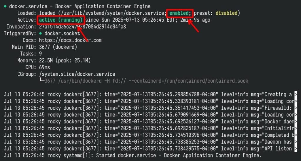 The Docker service is enabled and running.