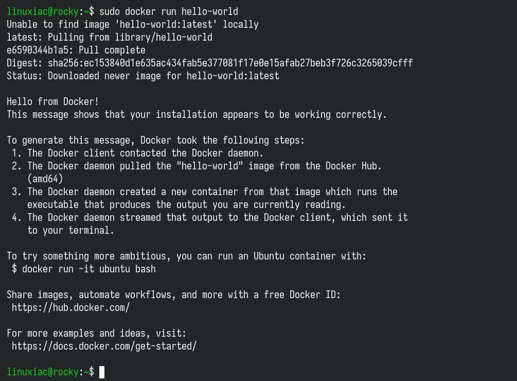Docker successfully installed, up & running on Rocky Linux 10.
