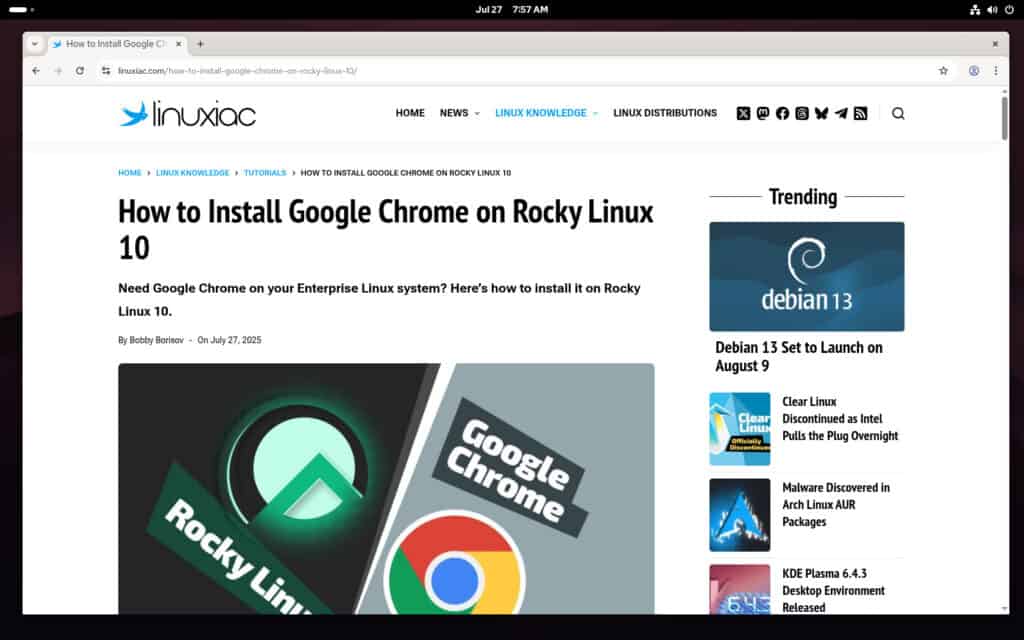 Google Chrome web browser successfully installed on Rocky Linux 10.