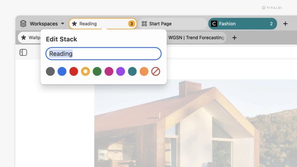 Vivaldi Browser 7.5 colored tab stacks.