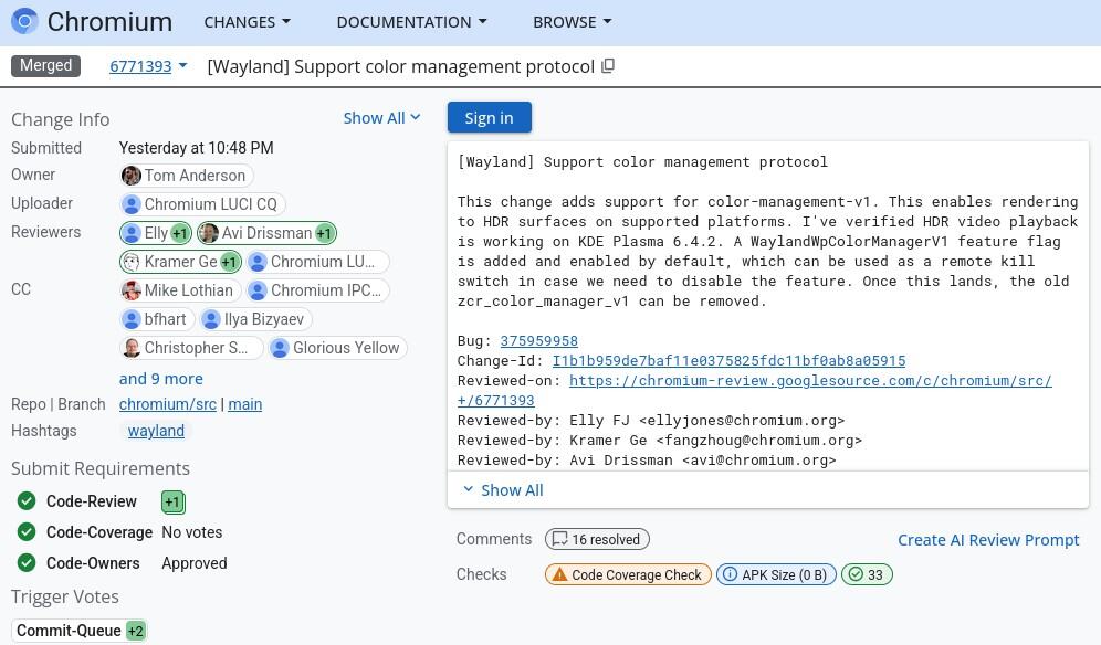 Chromium’s HDR support for Wayland has been merged.