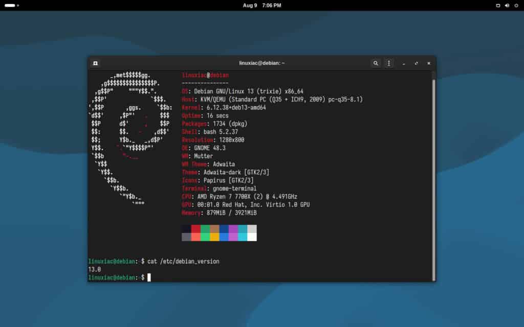 The system was successfully upgraded to Debian 13 (Trixie) from Debian 12 (Bookworm).