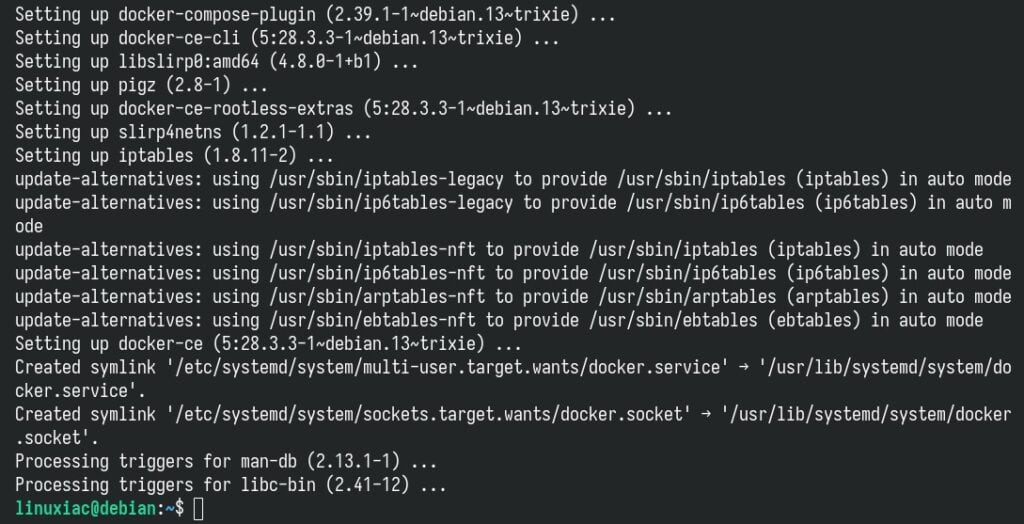 Docker is successfully installed on Debian 13 (Trixie).
