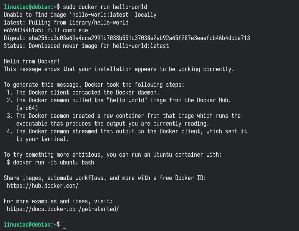 Docker successfully installed, up & running on Debian 13 (Trixie).
