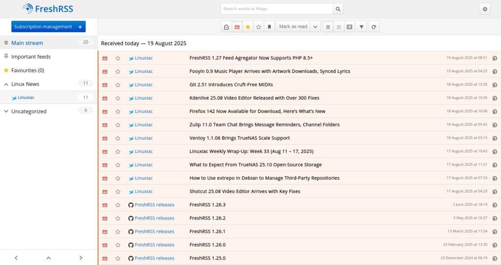 FreshRSS 1.27 self-hosted RSS feed aggregator.