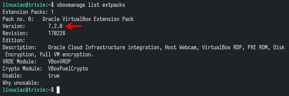Verify the installed VirtualBox Extension Pack version.