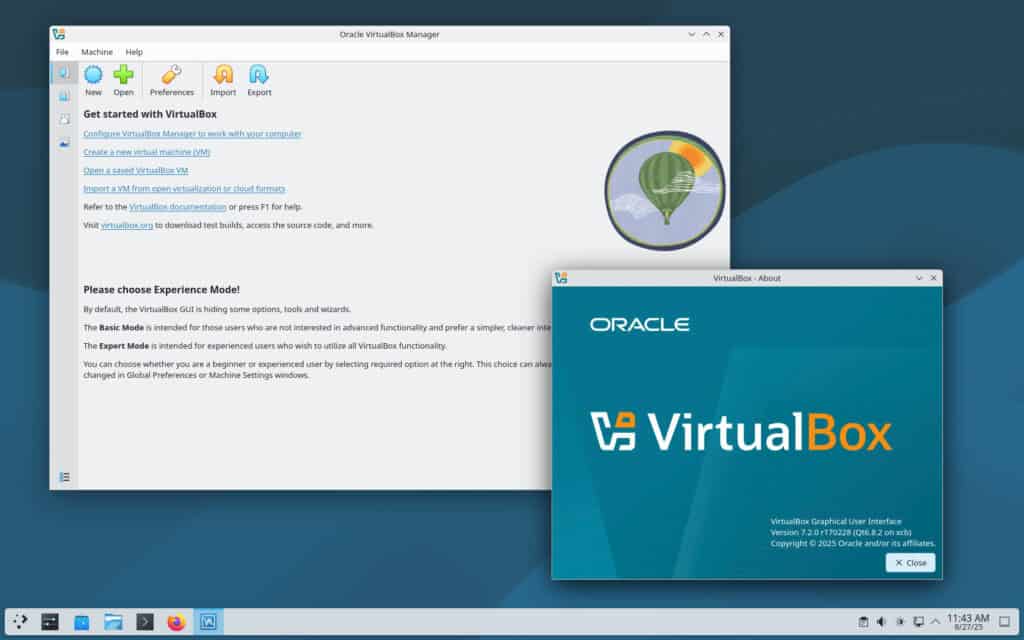 VirtualBox is installed and runs on Debian 13 "Trixie".