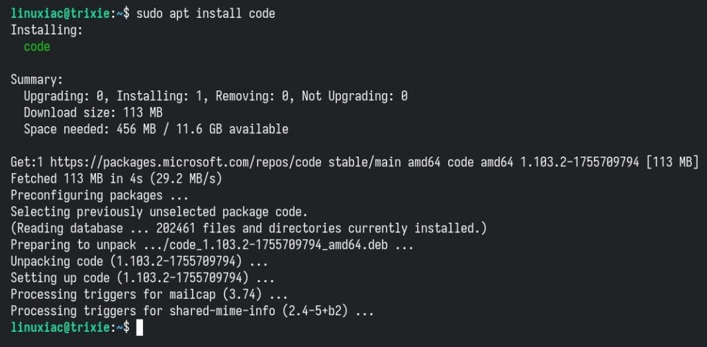 Installing VS Code on Debian 13.