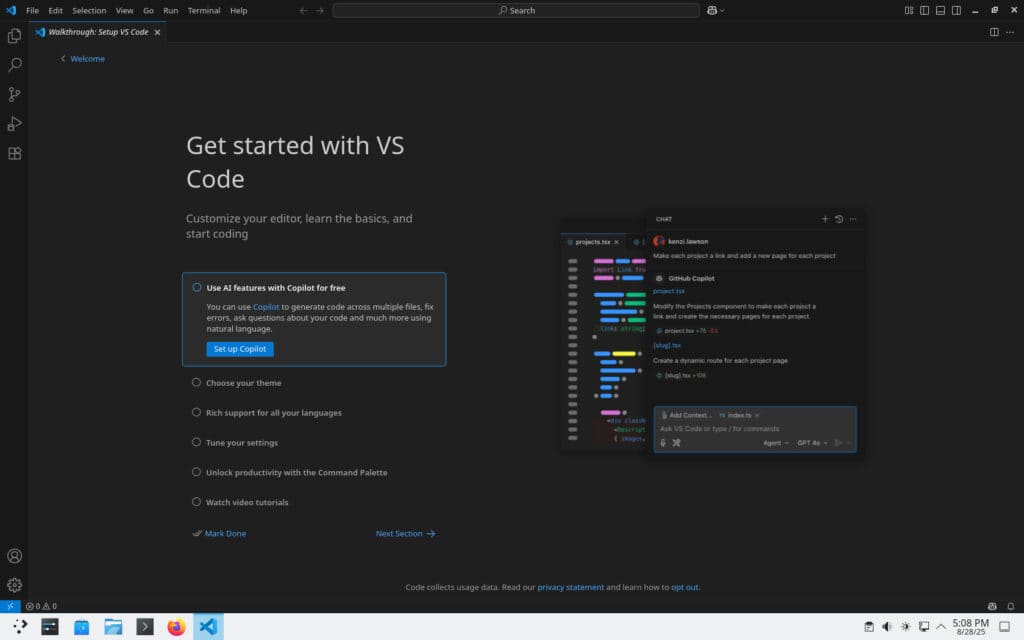 Visual Studio Code is installed and runs on Debian 13 “Trixie”.