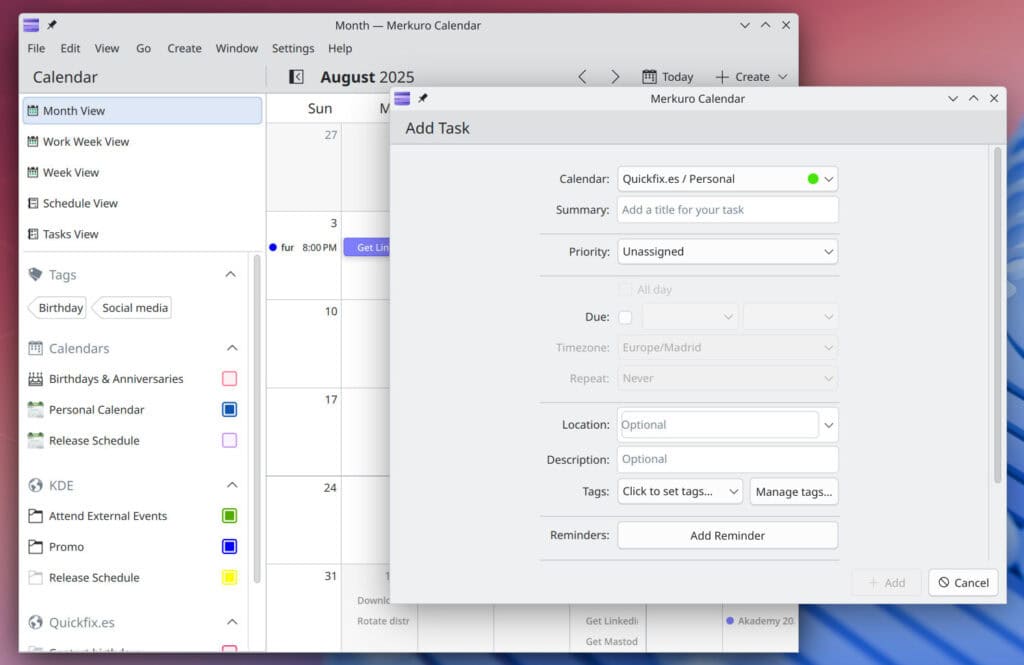 Kalendar - KDE calendar and task management application that uses Akonadi