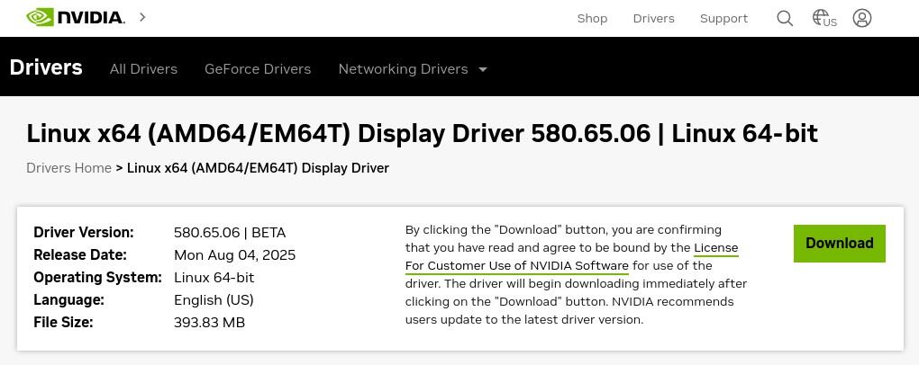 NVIDIA Linux x64 Display Driver 580.65 Beta